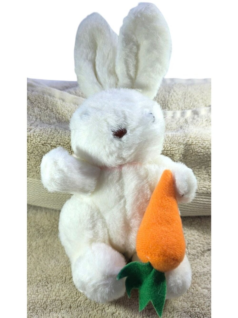 White Plush Bunny Vtg 90s A&B Novelty Pink Bow Felt Carrot Rabbit Easter